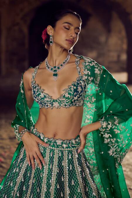 Shop_Anushree Reddy_Green Silk, Organza Sequins, Cut Work, Emerald Kalidar Bridal Lehenga Set _Online_at_Aza_Fashions