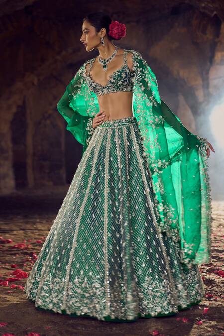 Anushree Reddy_Green Silk, Organza Sequins, Cut Work, Emerald Kalidar Bridal Lehenga Set _at_Aza_Fashions