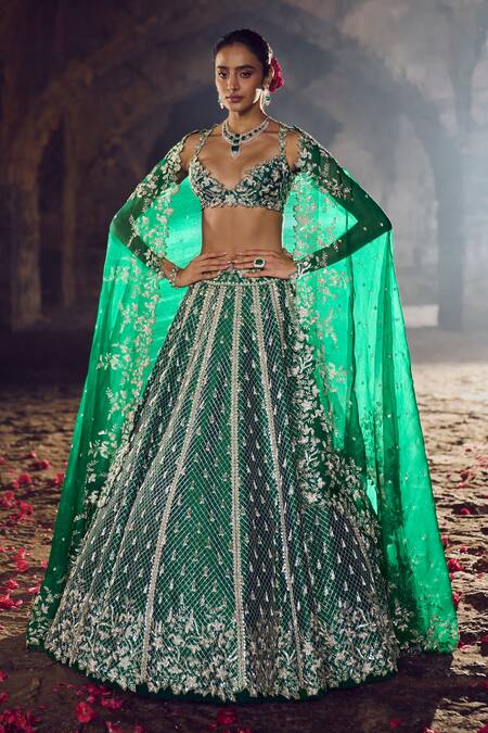 Buy_Anushree Reddy_Green Silk, Organza Sequins, Cut Work, Emerald Kalidar Bridal Lehenga Set 