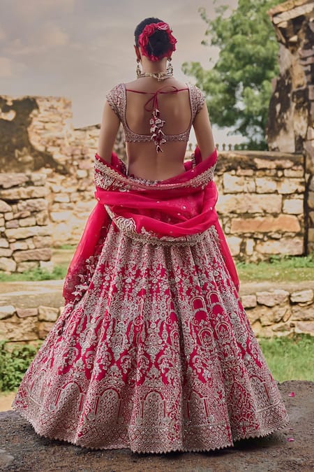 Anushree Reddy Floral Zari Embroidered Red Lehenga Set 