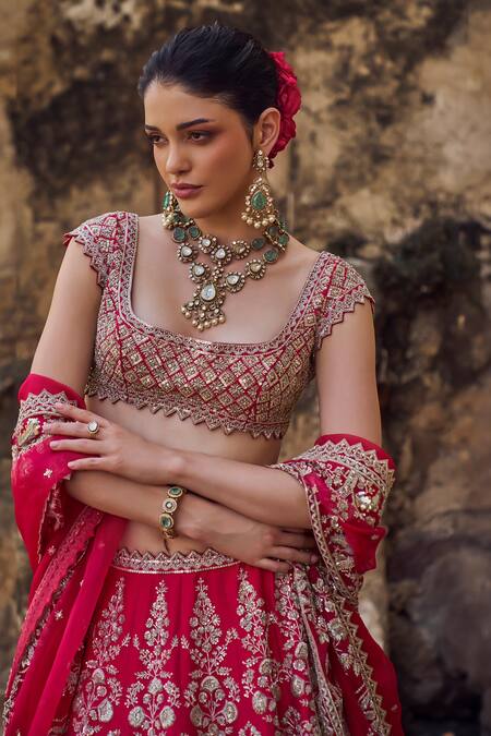 Anushree Reddy Red Silk, Organza Embroidery, Sequins, Zari Square Neck Floral Lehenga Set Online at Aza Fashions Anushree Reddy_Red Silk, Organza Embroidery, Sequins, Zari Square Neck Floral Lehenga Set _Online_at_Aza_Fashions