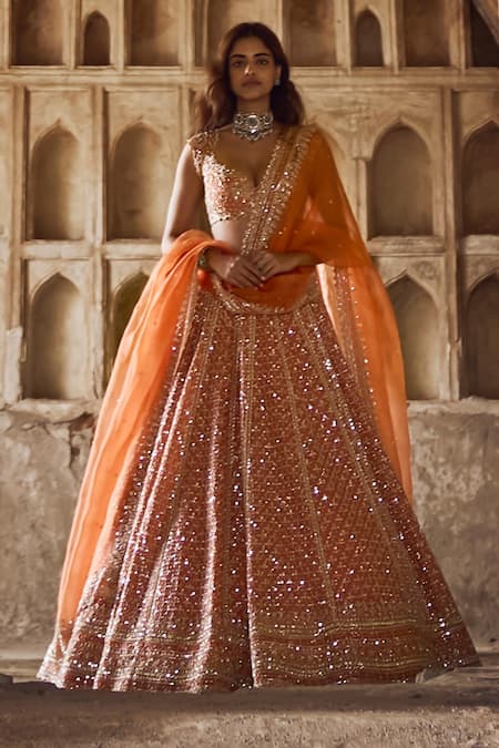 Anushree Reddy Floral Embroidered Orange Bridal Lehenga Set 
