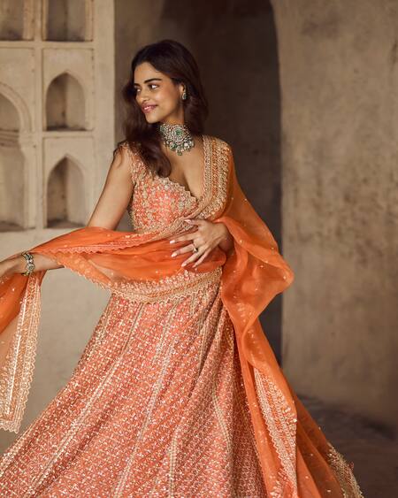 Buy Anushree Reddy Orange Organza, Silk Sequins, Beads, Zari Floral Embroidered Bridal Lehenga Set Online at Aza Fashions Buy_Anushree Reddy_Orange Organza, Silk Sequins, Beads, Zari Floral Embroidered Bridal Lehenga Set _Online_at_Aza_Fashions