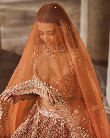 Shop Anushree Reddy Orange Organza, Silk Sequins, Beads, Zari Floral Embroidered Bridal Lehenga Set Online at Aza Fashions Shop_Anushree Reddy_Orange Organza, Silk Sequins, Beads, Zari Floral Embroidered Bridal Lehenga Set _Online_at_Aza_Fashions