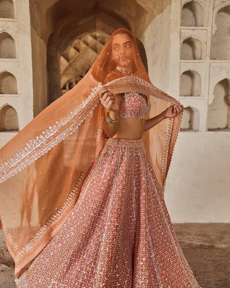 Anushree Reddy Orange Organza, Silk Sequins, Beads, Zari Floral Embroidered Bridal Lehenga Set at Aza Fashions Anushree Reddy_Orange Organza, Silk Sequins, Beads, Zari Floral Embroidered Bridal Lehenga Set _at_Aza_Fashions