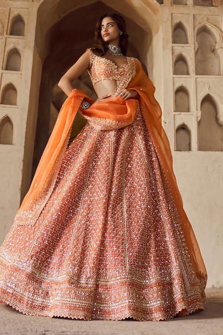 Buy Anushree Reddy Orange Organza, Silk Sequins, Beads, Zari Floral Embroidered Bridal Lehenga Set Buy_Anushree Reddy_Orange Organza, Silk Sequins, Beads, Zari Floral Embroidered Bridal Lehenga Set
