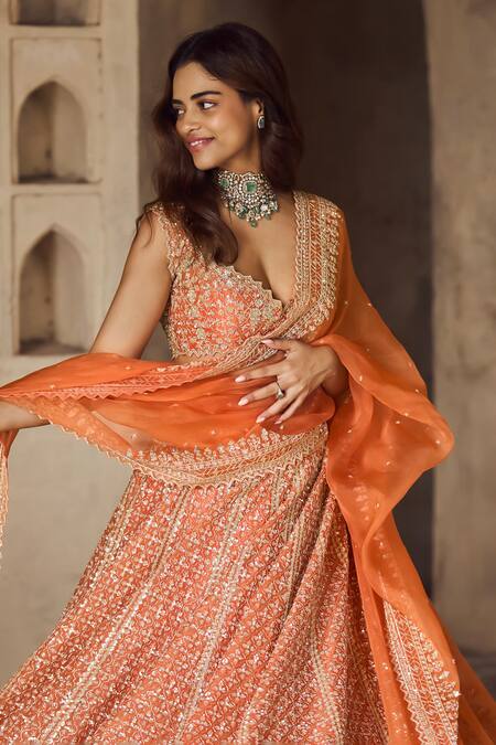 Shop Anushree Reddy Orange Organza, Silk Sequins, Beads, Zari Floral Embroidered Bridal Lehenga Set Shop_Anushree Reddy_Orange Organza, Silk Sequins, Beads, Zari Floral Embroidered Bridal Lehenga Set