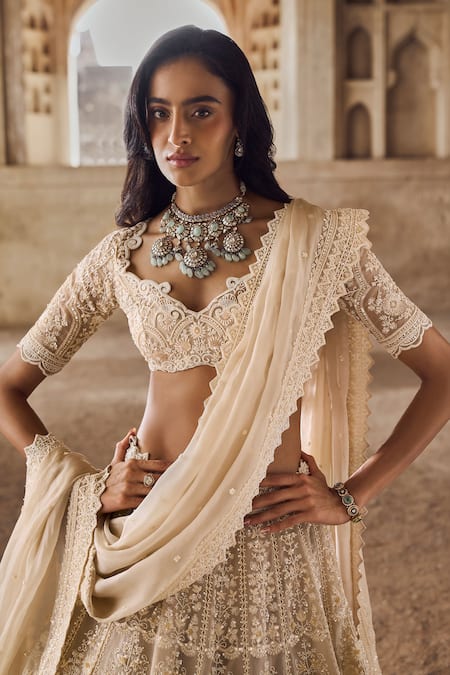 Shop Anushree Reddy Ivory , Silk Pearls, Floral Embroidered Greyish Lehenga Set Online at Aza Fashions Shop_Anushree Reddy_Ivory , Silk Pearls, Floral Embroidered Greyish Lehenga Set _Online_at_Aza_Fashions