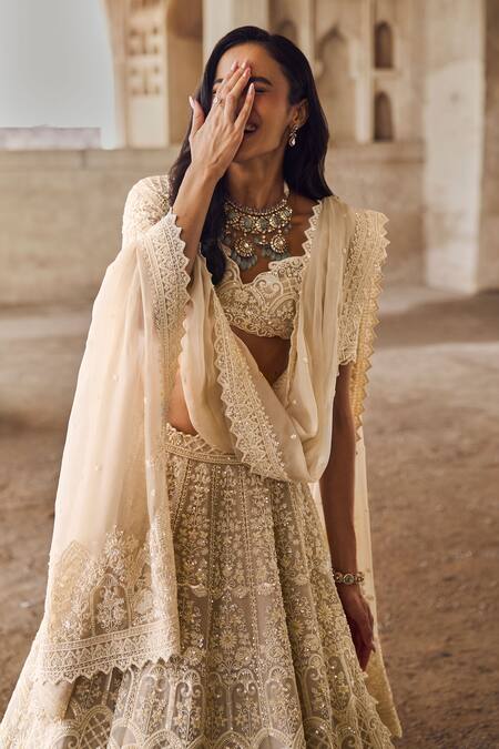 Buy Anushree Reddy Ivory , Silk Pearls, Floral Embroidered Greyish Lehenga Set Buy_Anushree Reddy_Ivory , Silk Pearls, Floral Embroidered Greyish Lehenga Set