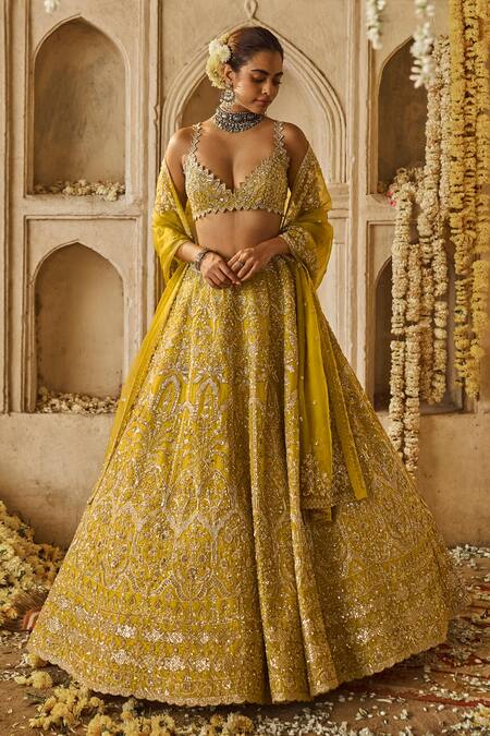 Shop_Anushree Reddy_Yellow Organza Sequins, Beads Plunge Neck Floral Embroidered Lehenga Set _Online_at_Aza_Fashions