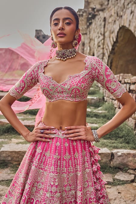 Shop Anushree Reddy Pink , Silk Sequins, Embroidery, Zari Candy Bridal Lehenga Set Online at Aza Fashions Shop_Anushree Reddy_Pink , Silk Sequins, Embroidery, Zari Candy Bridal Lehenga Set _Online_at_Aza_Fashions