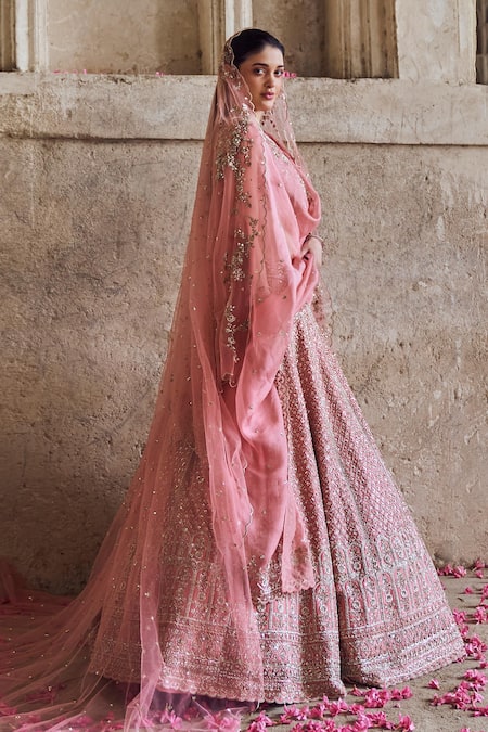 Buy_Anushree Reddy_Pink , Satin, Organza Sequins, Beads, Zari, Floral Bridal Lehenga Set _Online_at_Aza_Fashions