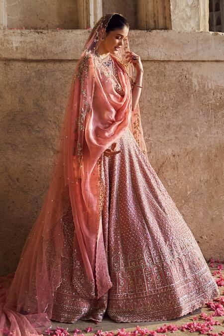 Shop_Anushree Reddy_Pink , Satin, Organza Sequins, Beads, Zari, Floral Bridal Lehenga Set _Online_at_Aza_Fashions
