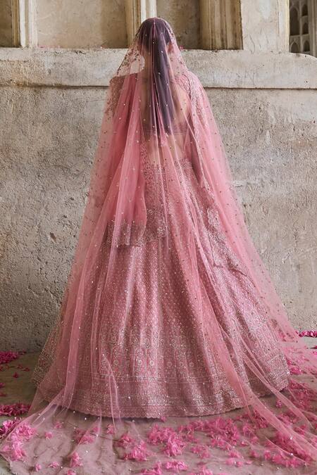 Anushree Reddy_Pink , Satin, Organza Sequins, Beads, Zari, Floral Bridal Lehenga Set _at_Aza_Fashions