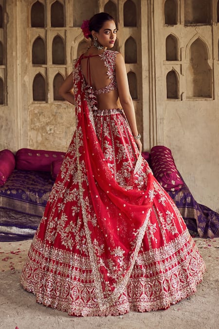 Anushree Reddy Red Floral Embroidered Lehenga Set 