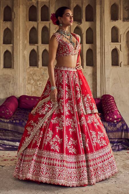 Shop Anushree Reddy Red , Silk Embroidery, Sequins, Zari Round Floral Lehenga Set Online at Aza Fashions Shop_Anushree Reddy_Red , Silk Embroidery, Sequins, Zari Round Floral Lehenga Set _Online_at_Aza_Fashions
