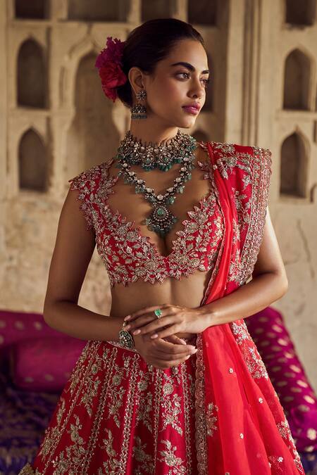Anushree Reddy Red , Silk Embroidery, Sequins, Zari Round Floral Lehenga Set at Aza Fashions Anushree Reddy_Red , Silk Embroidery, Sequins, Zari Round Floral Lehenga Set _at_Aza_Fashions
