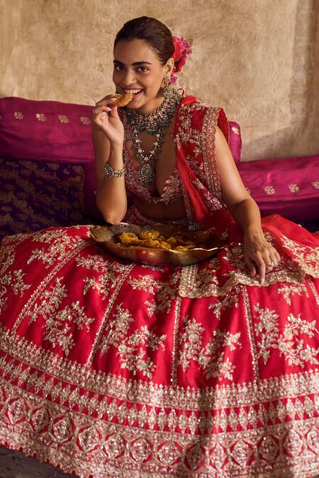 Shop Anushree Reddy Red , Silk Embroidery, Sequins, Zari Round Floral Lehenga Set Shop_Anushree Reddy_Red , Silk Embroidery, Sequins, Zari Round Floral Lehenga Set