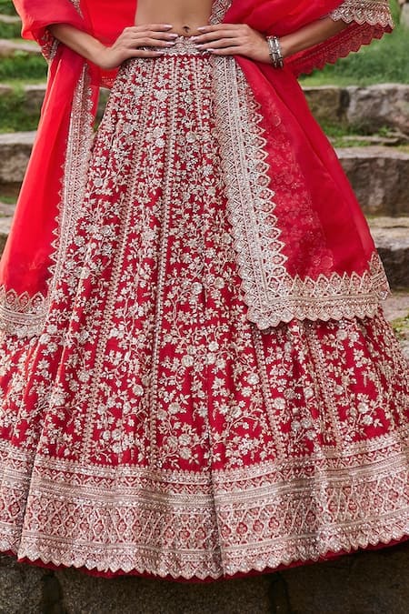 Buy Anushree Reddy Red Silk, Organza Sequins, Zari, Embroidery Plunge Floral Bridal Lehenga Set Online at Aza Fashions Buy_Anushree Reddy_Red Silk, Organza Sequins, Zari, Embroidery Plunge Floral Bridal Lehenga Set _Online_at_Aza_Fashions