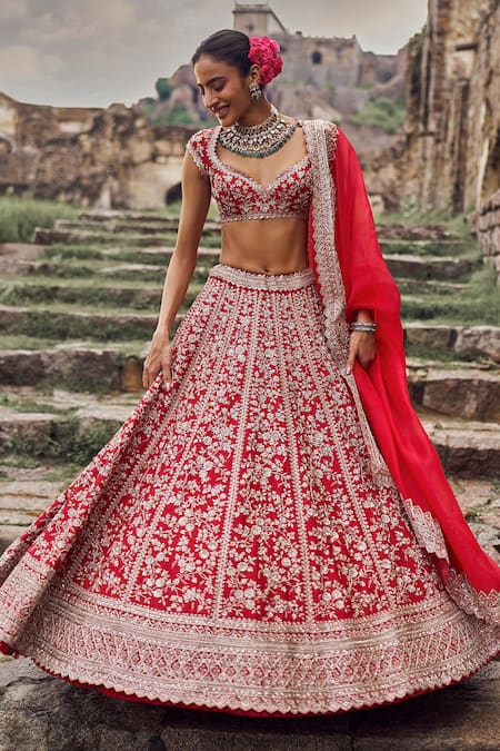 Shop Anushree Reddy Red Silk, Organza Sequins, Zari, Embroidery Plunge Floral Bridal Lehenga Set Online at Aza Fashions Shop_Anushree Reddy_Red Silk, Organza Sequins, Zari, Embroidery Plunge Floral Bridal Lehenga Set _Online_at_Aza_Fashions