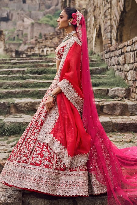 Anushree Reddy Red Silk, Organza Sequins, Zari, Embroidery Plunge Floral Bridal Lehenga Set at Aza Fashions Anushree Reddy_Red Silk, Organza Sequins, Zari, Embroidery Plunge Floral Bridal Lehenga Set _at_Aza_Fashions
