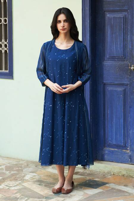 Vaayu_Blue Muslin Cotton Printed Striped Round Indigo Midi Jacket Dress _Online_at_Aza_Fashions
