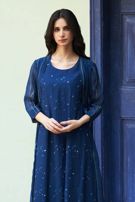 Buy_Vaayu_Blue Muslin Cotton Printed Striped Round Indigo Midi Jacket Dress _Online_at_Aza_Fashions