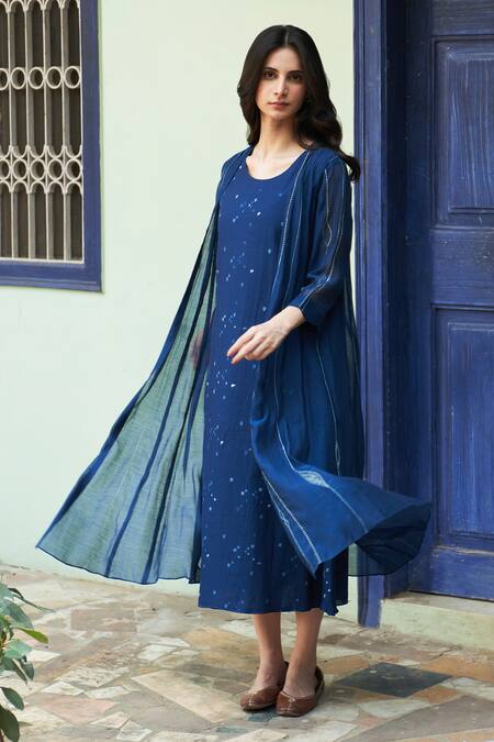 Shop_Vaayu_Blue Muslin Cotton Printed Striped Round Indigo Midi Jacket Dress _Online_at_Aza_Fashions