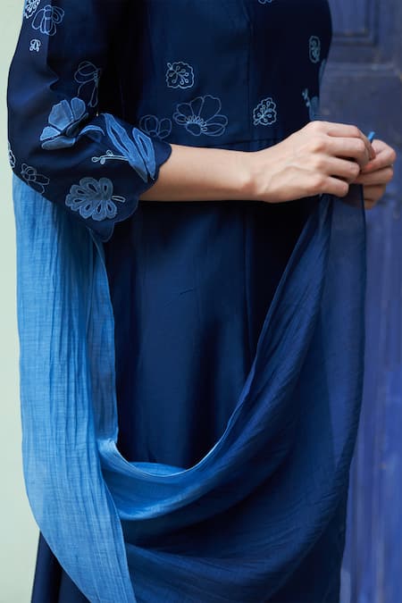 Vaayu Blue Muslin, Cotton Embroidery, Applique Round Neck Floral Anarkali Set at Aza Fashions Vaayu_Blue Muslin, Cotton Embroidery, Applique Round Neck Floral Anarkali Set_at_Aza_Fashions