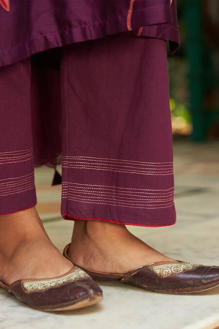 Buy Vaayu Purple Muslin Applique Split V-neck Floral Kurta Pant Set Online at Aza Fashions Buy_Vaayu_Purple Muslin Applique Split V-neck Floral Kurta Pant Set_Online_at_Aza_Fashions