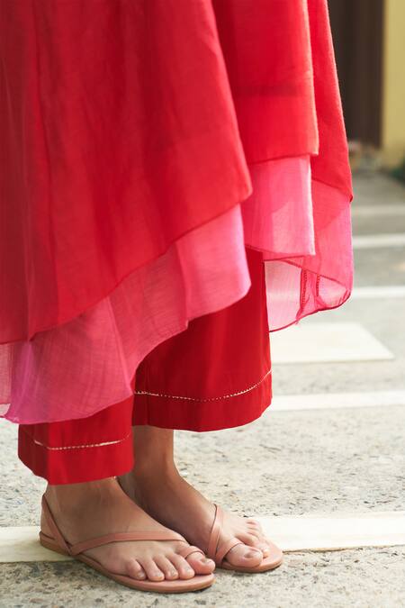 Vaayu Red Muslin Embroidery Round Neck Asymmetric Bloom Applique Kurta Set at Aza Fashions Vaayu_Red Muslin Embroidery Round Neck Asymmetric Bloom Applique Kurta Set_at_Aza_Fashions