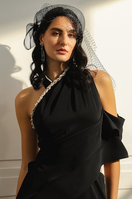 Supria Munjal Black Crepe Pearls Halter Neck Draped Gown With Embroidery at Aza Fashions Supria Munjal_Black Crepe Pearls Halter Neck Draped Gown With Embroidery _at_Aza_Fashions