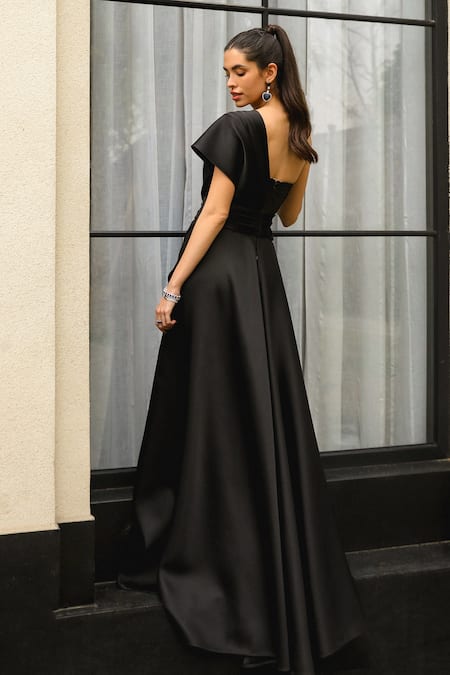 Shop_Supria Munjal_Black Crepe, Net Sequins Asymmetric Mesh Draped Gown _at_Aza_Fashions