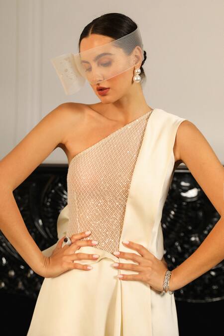 Buy_Supria Munjal_Off White Crepe, Polyester Sequins Asymmetric Embellished Draped Gown _Online_at_Aza_Fashions