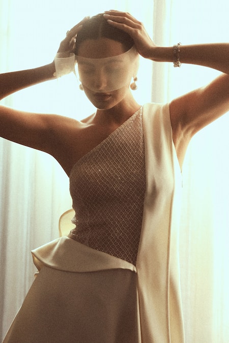 Buy_Supria Munjal_Off White Crepe, Polyester Sequins Asymmetric Embellished Draped Gown 