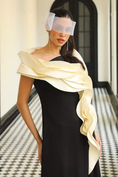 Supria Munjal_Black Crepe Ruffles Asymmetric Wave Gown _Online_at_Aza_Fashions