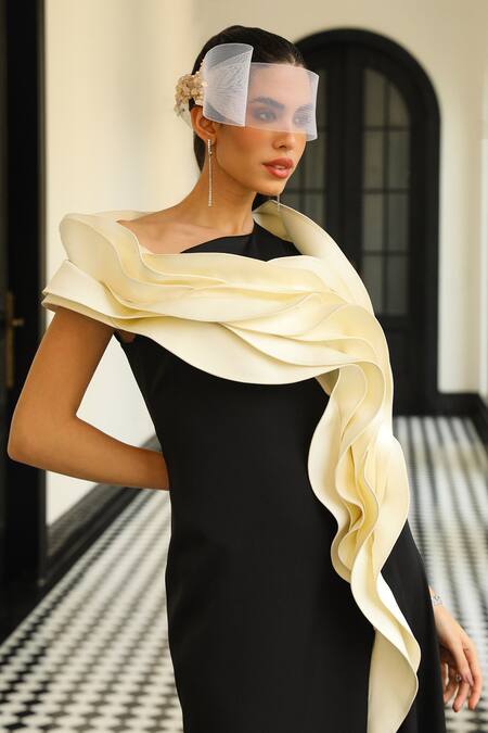 Buy_Supria Munjal_Black Crepe Ruffles Asymmetric Wave Gown _Online_at_Aza_Fashions