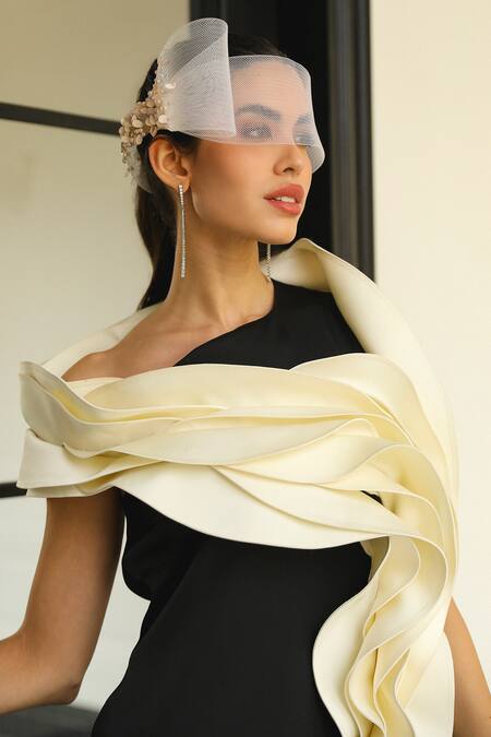 Shop_Supria Munjal_Black Crepe Ruffles Asymmetric Wave Gown _Online_at_Aza_Fashions