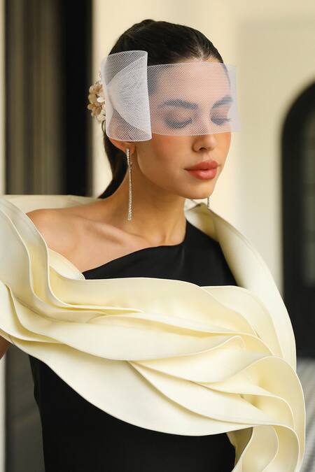 Supria Munjal_Black Crepe Ruffles Asymmetric Wave Gown _at_Aza_Fashions