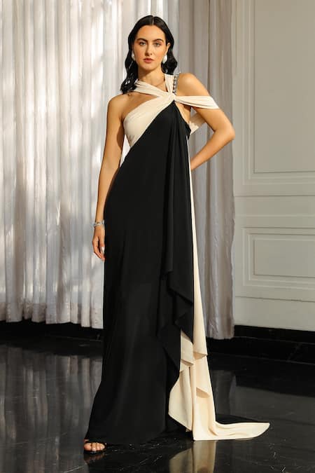 Supria Munjal Pearl Embellished Strap Draped Gown 