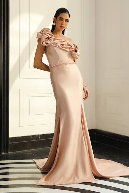 Supria Munjal_Pink Crepe Pearls, Beads Asymmetric Embellished Gown _Online_at_Aza_Fashions
