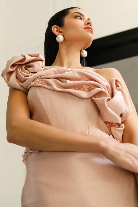 Shop_Supria Munjal_Pink Crepe Pearls, Beads Asymmetric Embellished Gown _Online_at_Aza_Fashions