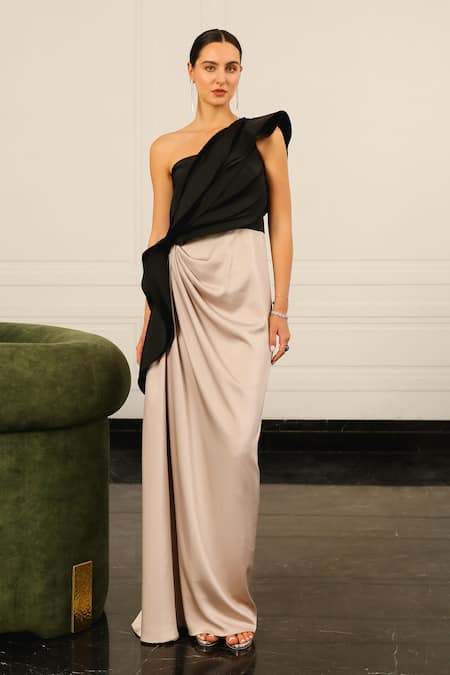 Supria Munjal One Shoulder Colorblock Draped Gown 