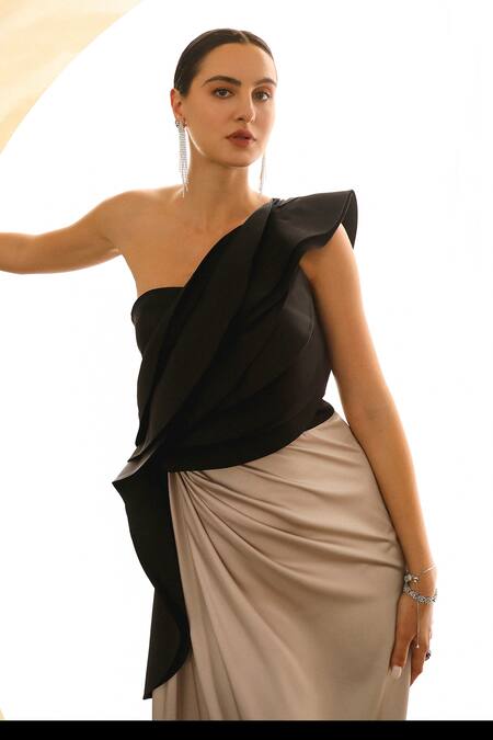 Buy_Supria Munjal_Black Crepe Asymmetric One Shoulder Color Block Draped Gown _Online_at_Aza_Fashions
