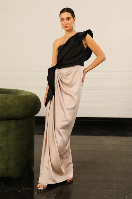 Shop_Supria Munjal_Black Crepe Asymmetric One Shoulder Color Block Draped Gown _Online_at_Aza_Fashions