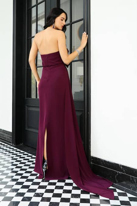 Shop_Supria Munjal_Wine Crepe Fabric Flowers Bandeau Neck 3d Floral Applique Tube Gown _at_Aza_Fashions