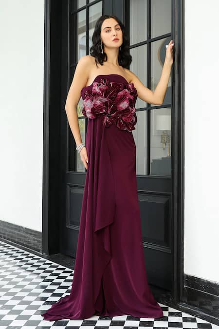 Supria Munjal_Wine Crepe Fabric Flowers Bandeau Neck 3d Floral Applique Tube Gown _Online_at_Aza_Fashions