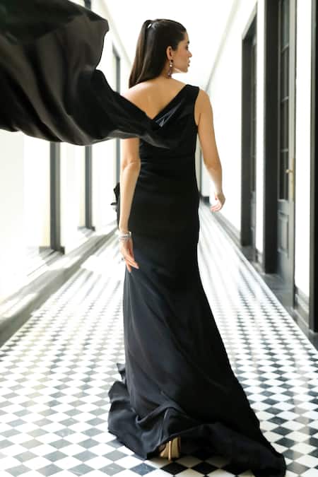 Shop_Supria Munjal_Black Crepe Applique Asymmetric 3d Floral Draped Gown _at_Aza_Fashions