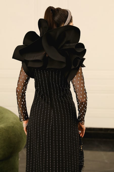 Shop Supria Munjal Black Crepe Sequins Round Neck Embellished Ruffle Gown at Aza Fashions Shop_Supria Munjal_Black Crepe Sequins Round Neck Embellished Ruffle Gown _at_Aza_Fashions