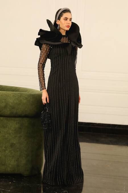 Supria Munjal Black Crepe Sequins Round Neck Embellished Ruffle Gown Online at Aza Fashions Supria Munjal_Black Crepe Sequins Round Neck Embellished Ruffle Gown _Online_at_Aza_Fashions